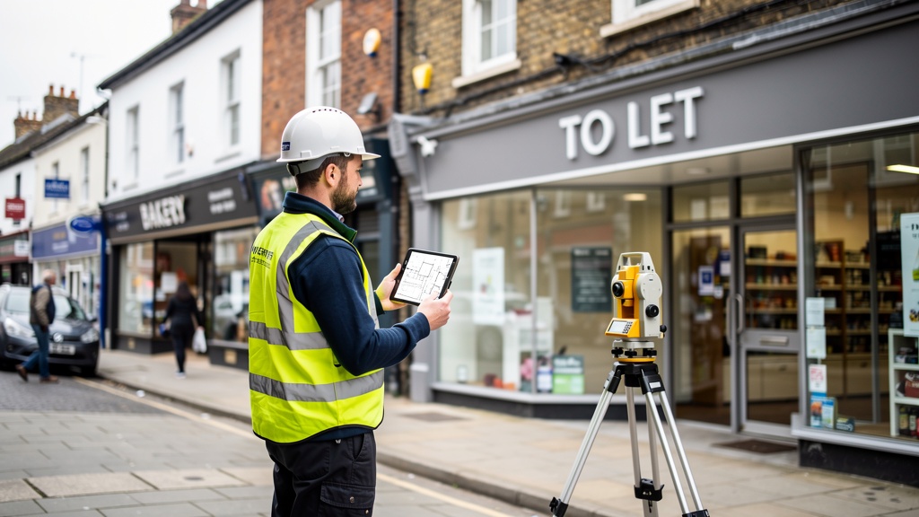 Building surveyor assessing the exterior of a commercial property in East Sussex using professional survey equipment