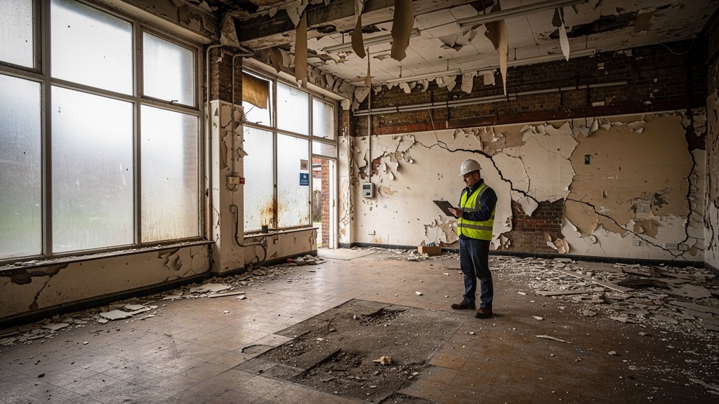 Surveyor documenting dilapidations in a commercial property — deteriorating walls and flooring in an empty English commercial building