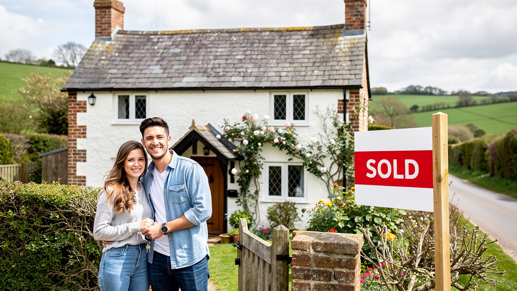 First-time homebuyers standing outside their new home in East Sussex with a sold sign