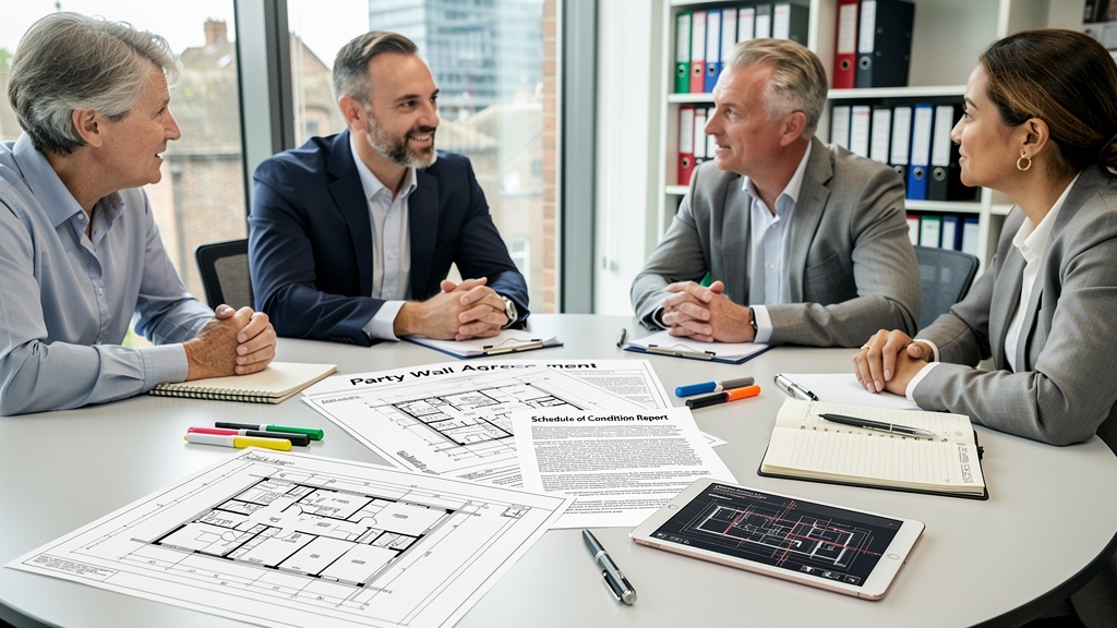 Party wall surveyor and property owners reviewing party wall agreement documents at a meeting table