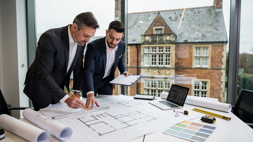 Architect and surveyor reviewing renovation blueprints and building plans for a period property