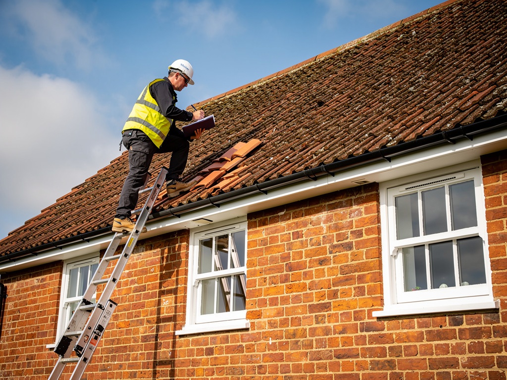 RICS chartered surveyor inspecting roof tiles and gutters on a traditional East Sussex house