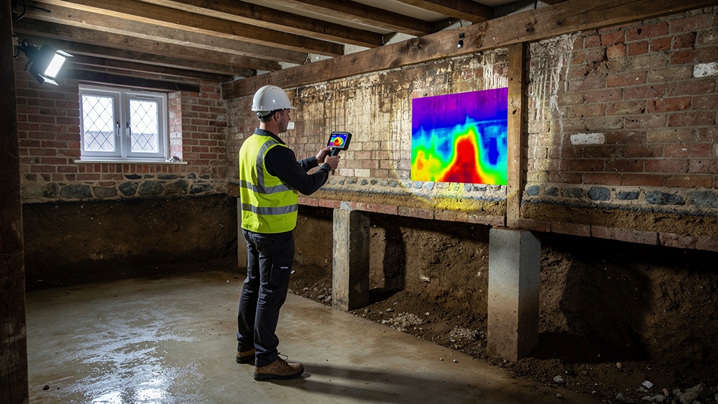 Surveyor using thermal imaging to detect hidden structural defects in an East Sussex property