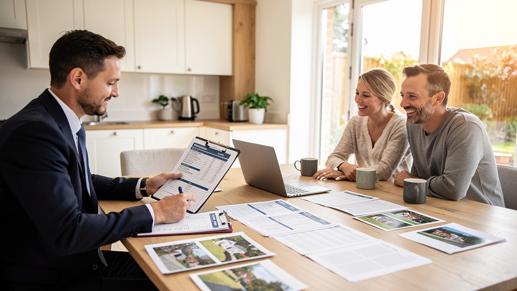 Crowborough Surveyors team member presenting a detailed building survey report to a happy homebuying couple in East Sussex