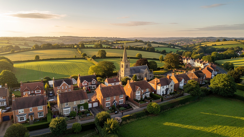 Aerial view of Crowborough town in East Sussex surrounded by rolling countryside