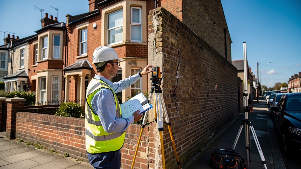 Building surveyor inspecting a shared party wall between two semi-detached houses in Crowborough