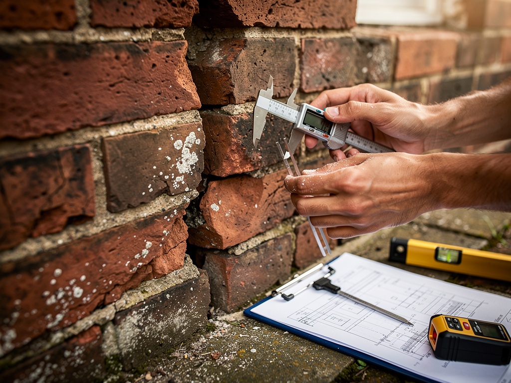 Chartered surveyor examining a structural crack in a Victorian brick wall during a full building survey in East Sussex