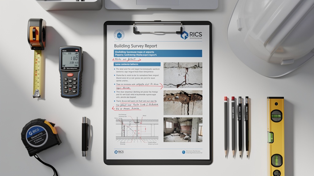 Detailed RICS building survey report document with property photographs and condition ratings